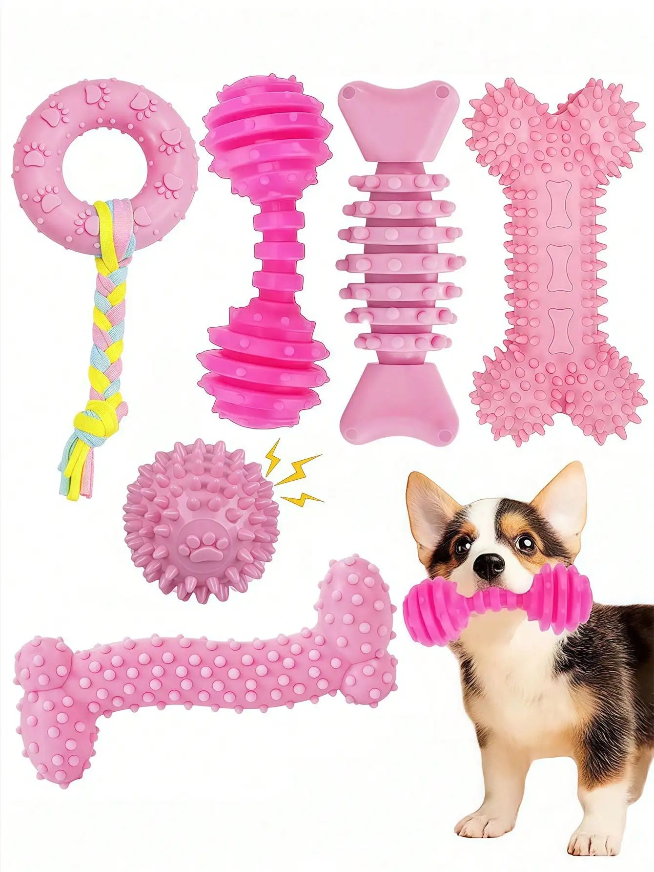 6-Piece Pink Rubber Dog Chew Toy Set with Braided Rope, Spiky Ball & Bone Shapes for Small Dogs