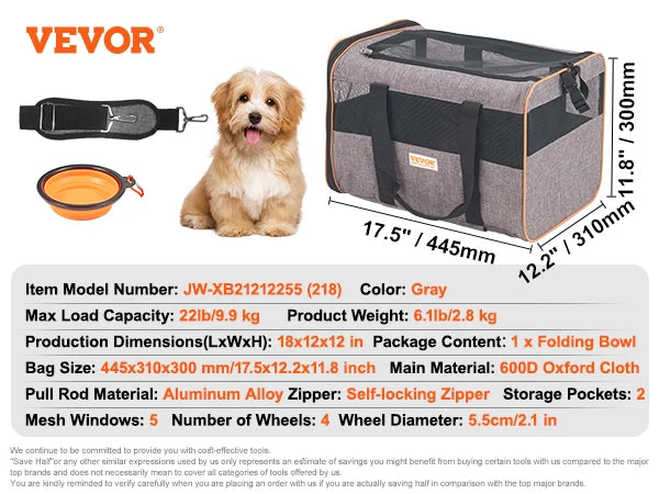Pet Carrier Breathable Outgoing Small Dog Carry Backpack with Telescopic Handle Wheels and Shoulder Strap for Travel Trip