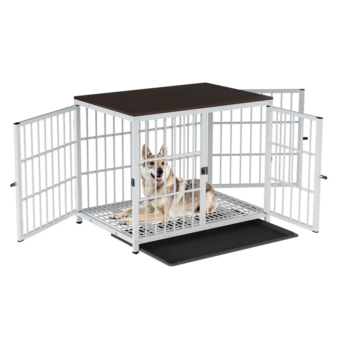Furniture Style Dog Crate White Pet Kennel Black Cage End Table with Three Doors and Removable Tray, for Small, Medium, and Large Dogs