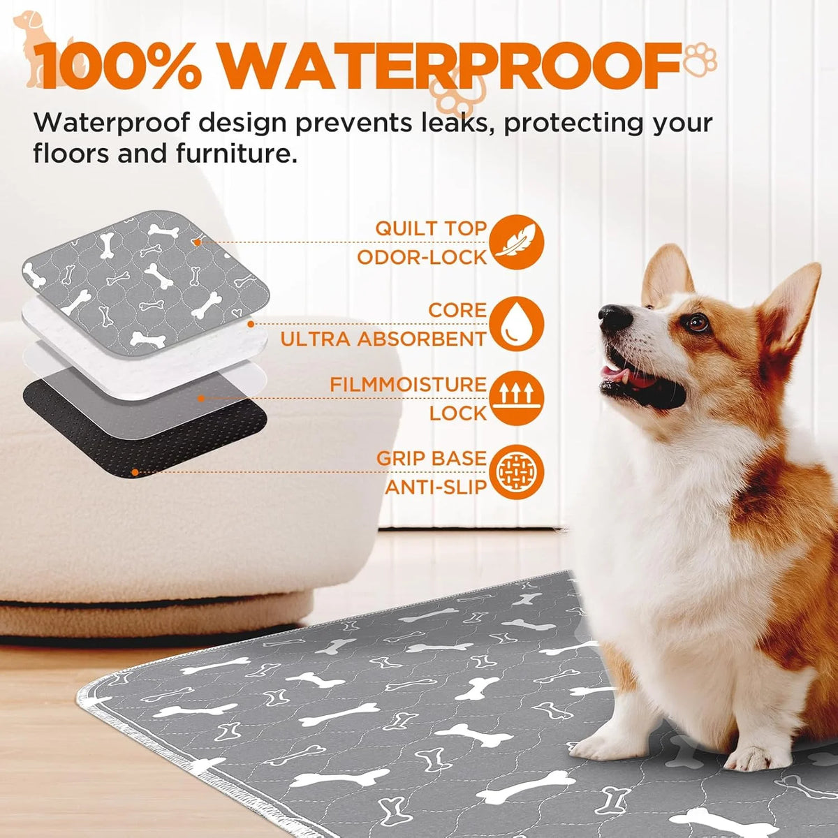 Washable Dog Pee Pads, 2 Pieces Reusable Puppy Pee Pads, Absorbent Pee Pads with Bone Print, Non-Slip Waterproof Pet Training Pads, Suitable for Sofas, Hardwood Floors