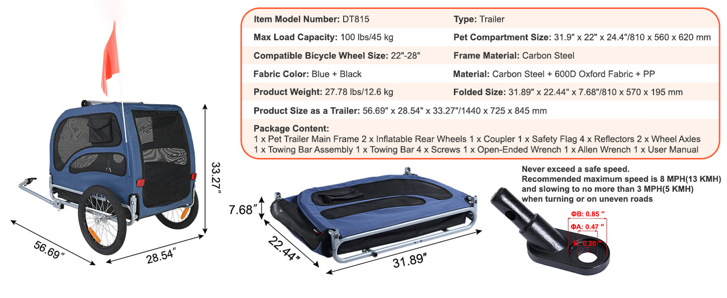 Bicycle Carrier for Small to Medium Dogs, Trailer with Coupler, Reflectors, Flag, and Collapsible to Store Up to 100lbs