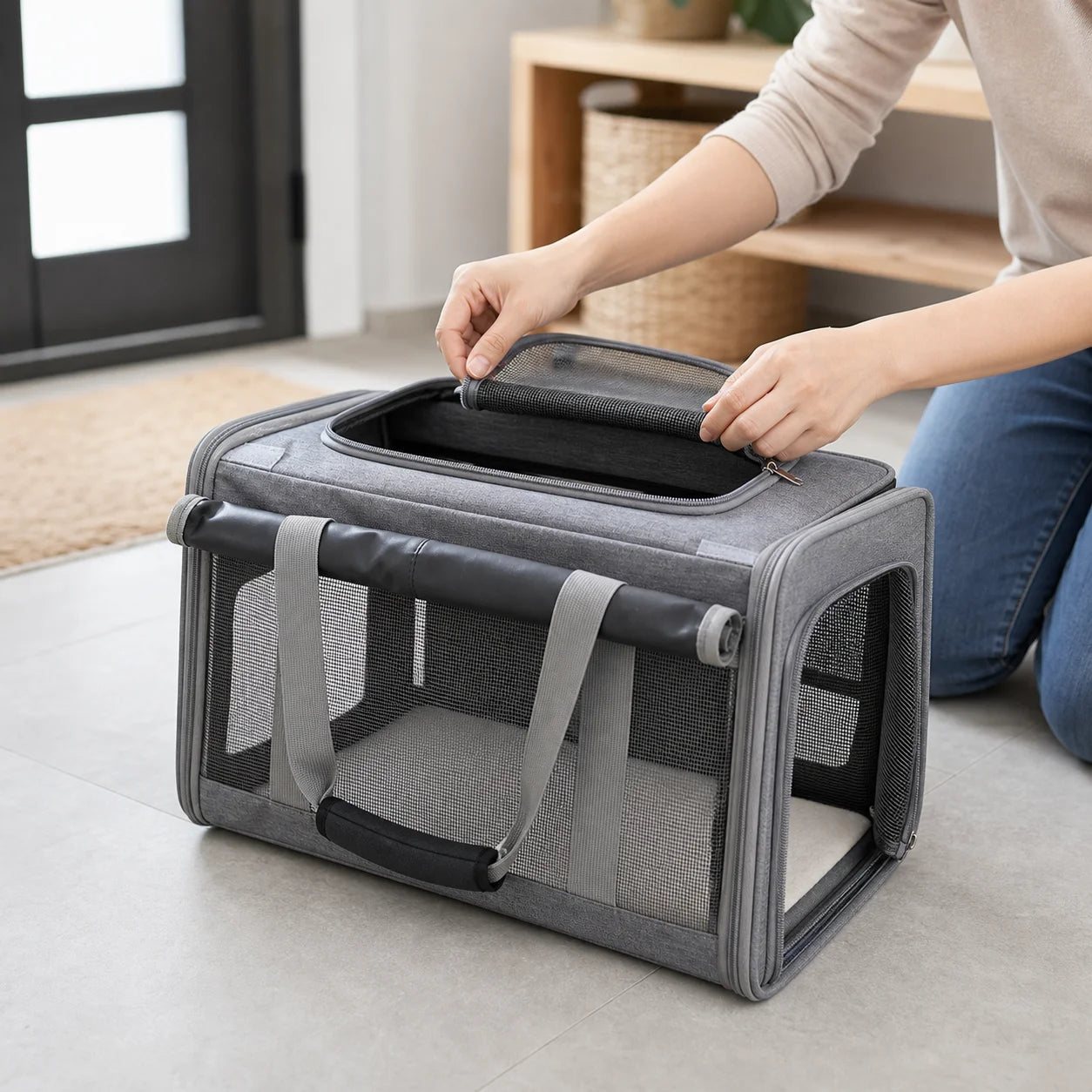Portable Expandable Small Dog Travel Bag Soft-Sided Transparent Breathable Lightweight Handheld or Crossbody Outdoor Pet Bag Stylish