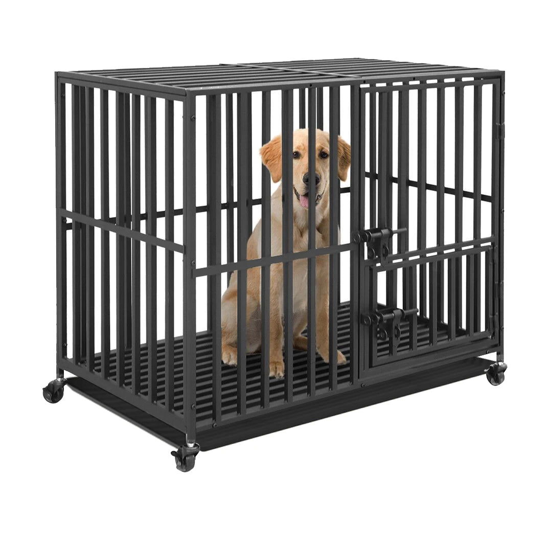 Heavy Duty Dog Cage 37” 42” 46” Metal Pet Dog Crate 3 Doors Locks Design Kennel Playpen with 4 Wheels Removable Tray