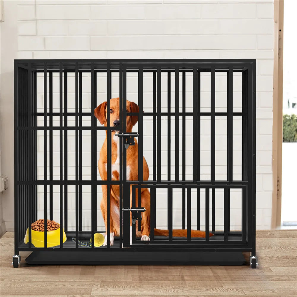 Heavy Duty Dog Cage 37” 42” 46” Metal Pet Dog Crate 3 Doors Locks Design Kennel Playpen with 4 Wheels Removable Tray