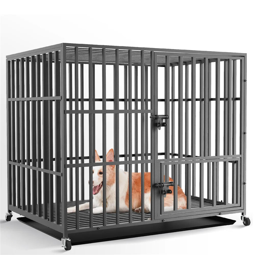 Heavy Duty Dog Cage 37” 42” 46” Metal Pet Dog Crate 3 Doors Locks Design Kennel Playpen with 4 Wheels Removable Tray