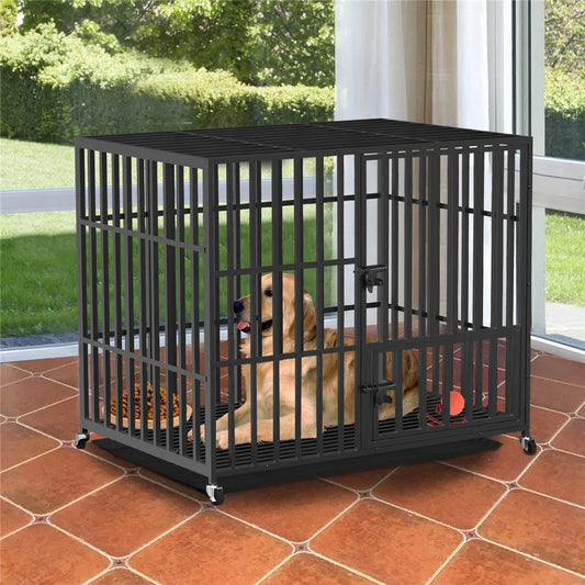 Heavy Duty Dog Cage 37” 42” 46” Metal Pet Dog Crate 3 Doors Locks Design Kennel Playpen with 4 Wheels Removable Tray