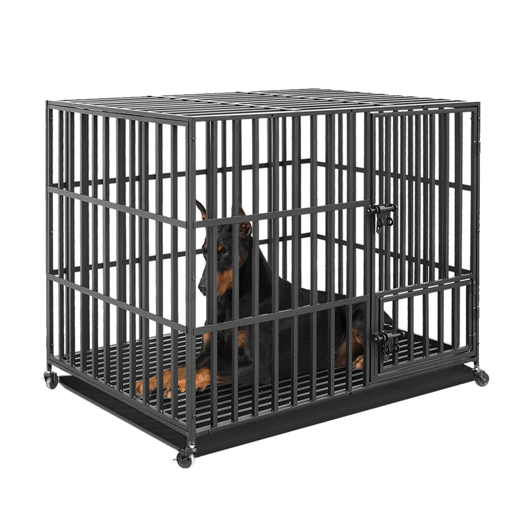 Heavy Duty Dog Cage 37” 42” 46” Metal Pet Dog Crate 3 Doors Locks Design Kennel Playpen with 4 Wheels Removable Tray