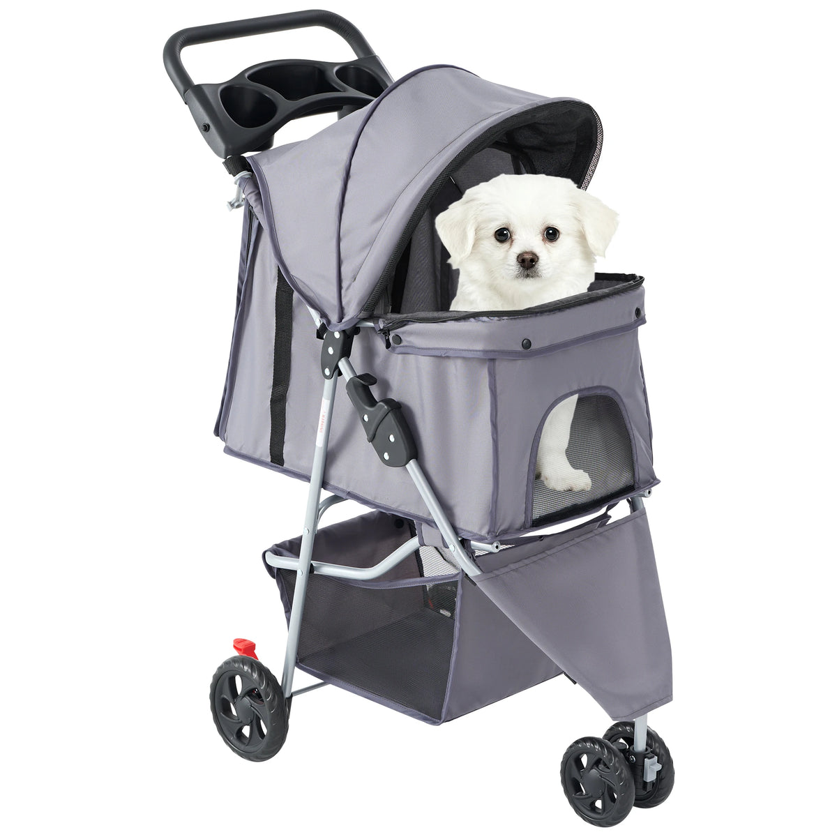 Foldable 3 Wheels Pet Stroller for Small Dogs, Stroller with Mesh Windows Storage Basket Cup Holder for Outdoor Use