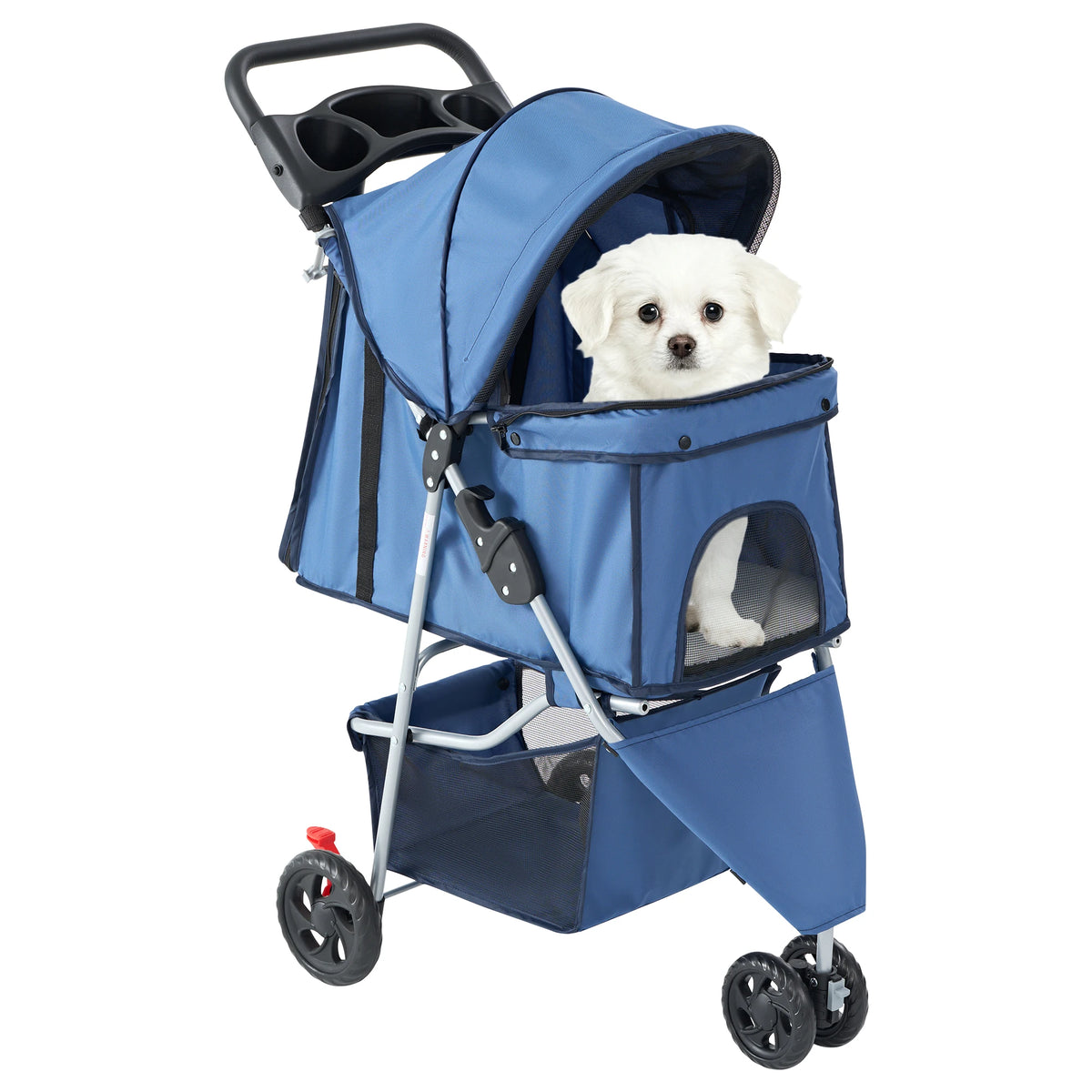 Foldable 3 Wheels Pet Stroller for Small Dogs, Stroller with Mesh Windows Storage Basket Cup Holder for Outdoor Use