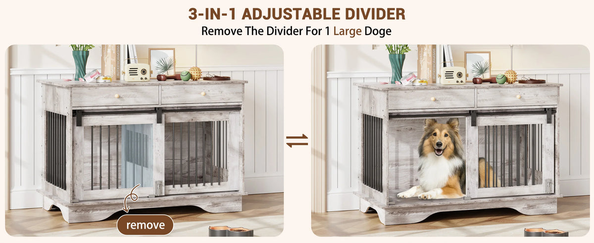 Dog Furniture Crate, 47" Large Dog Crate Furniture w/ 2 Storage Draws & Removable Divider for Large/Medium/Small Dogs (Grey, One Cage)