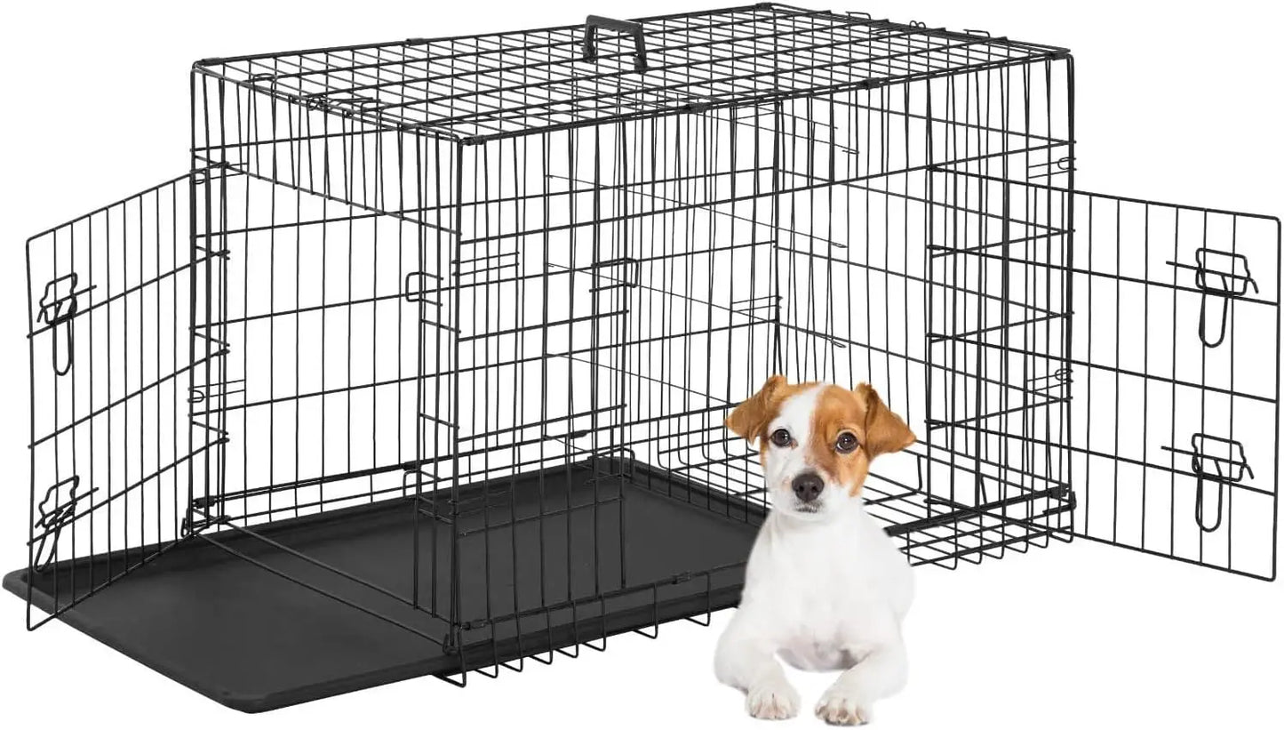 24 Inch Portable Folding Metal Crate for Small Dogs, Double Door Indoor Outdoor Kennel with Leak-Proof Tray