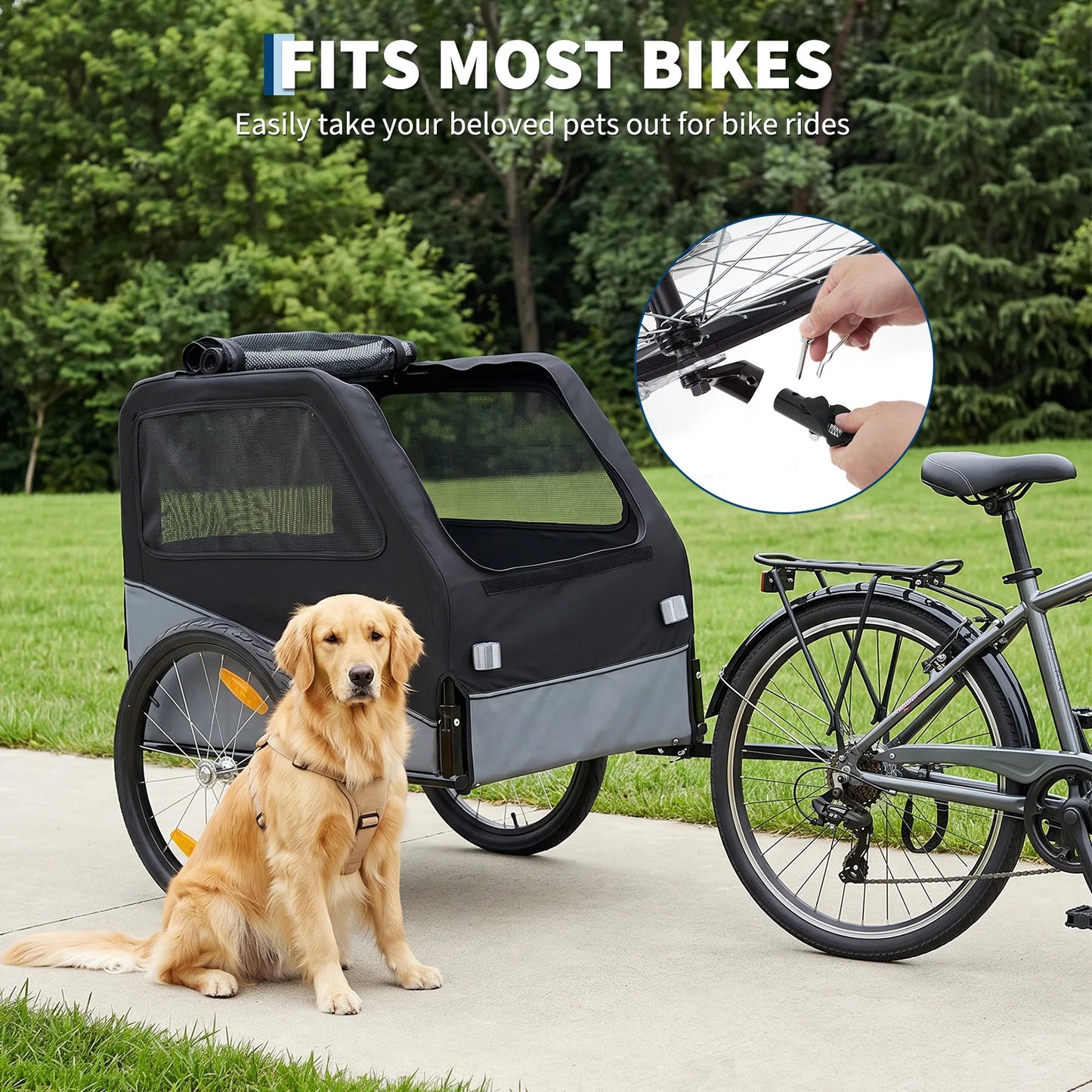 Foldable Dog Bike Trailer, Heavy Duty Steel Frame Pet Bike Carrier, 100 LBS Capacity Oxford Fabric Dog Carrier Bicycle Trailer with Mesh Window Reflectors for Small, Medium, and Large Dogs, Black