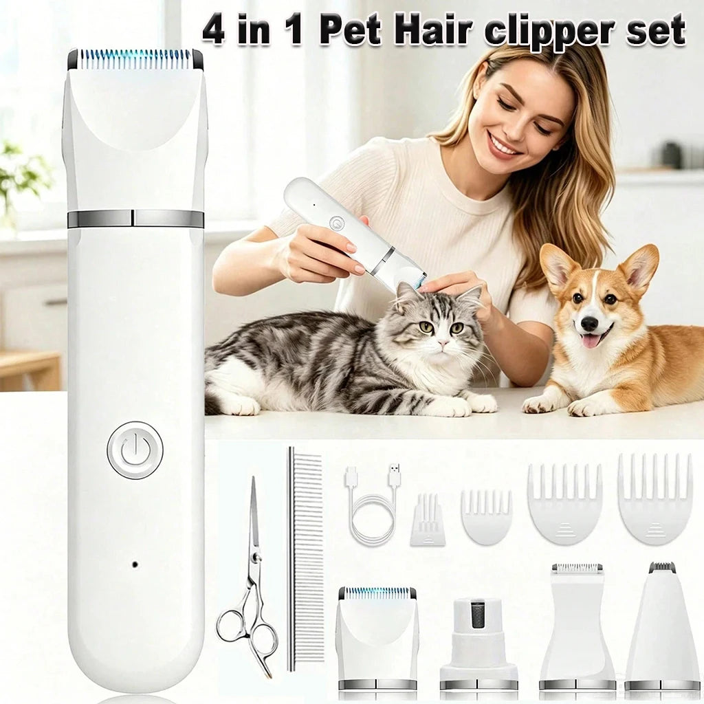 Pet Hair Clipper 4-in-1 Rechargeable Dog Trimmer Kit Cordless Electric Grooming Shaver with Comb Guide for Puppy