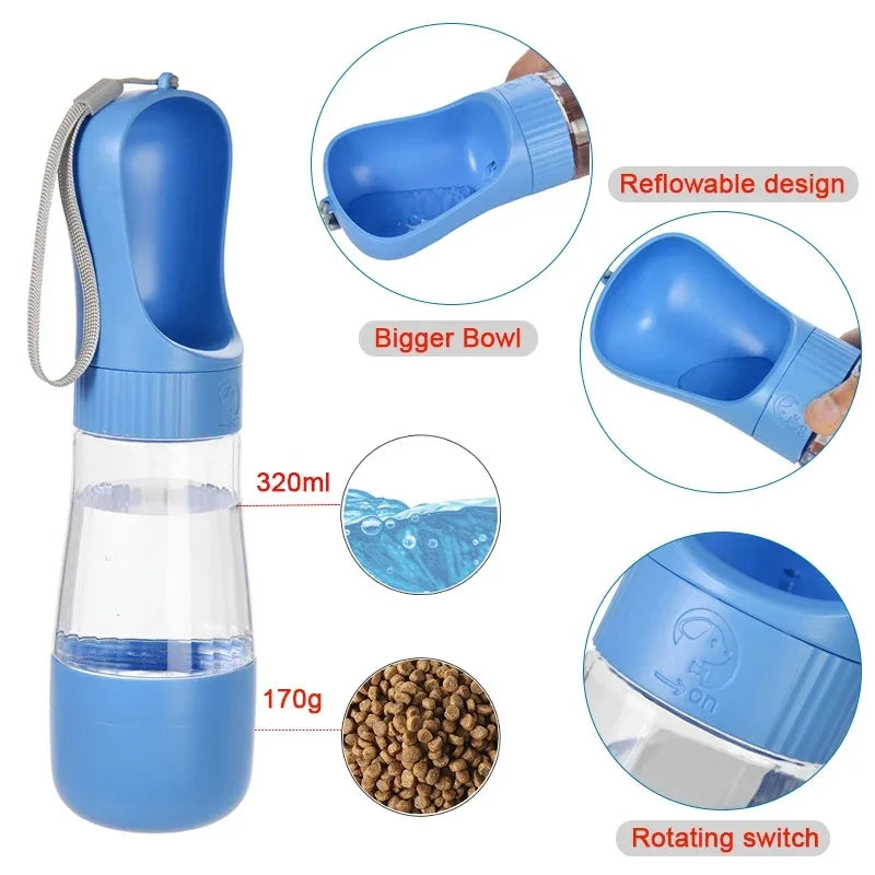 Portable Dog Water Bottle 320ML With Food Container Travel 2 in 1 Pet Water Dispenser For Small, Medium, and Large Dogs Drinking Bowls
