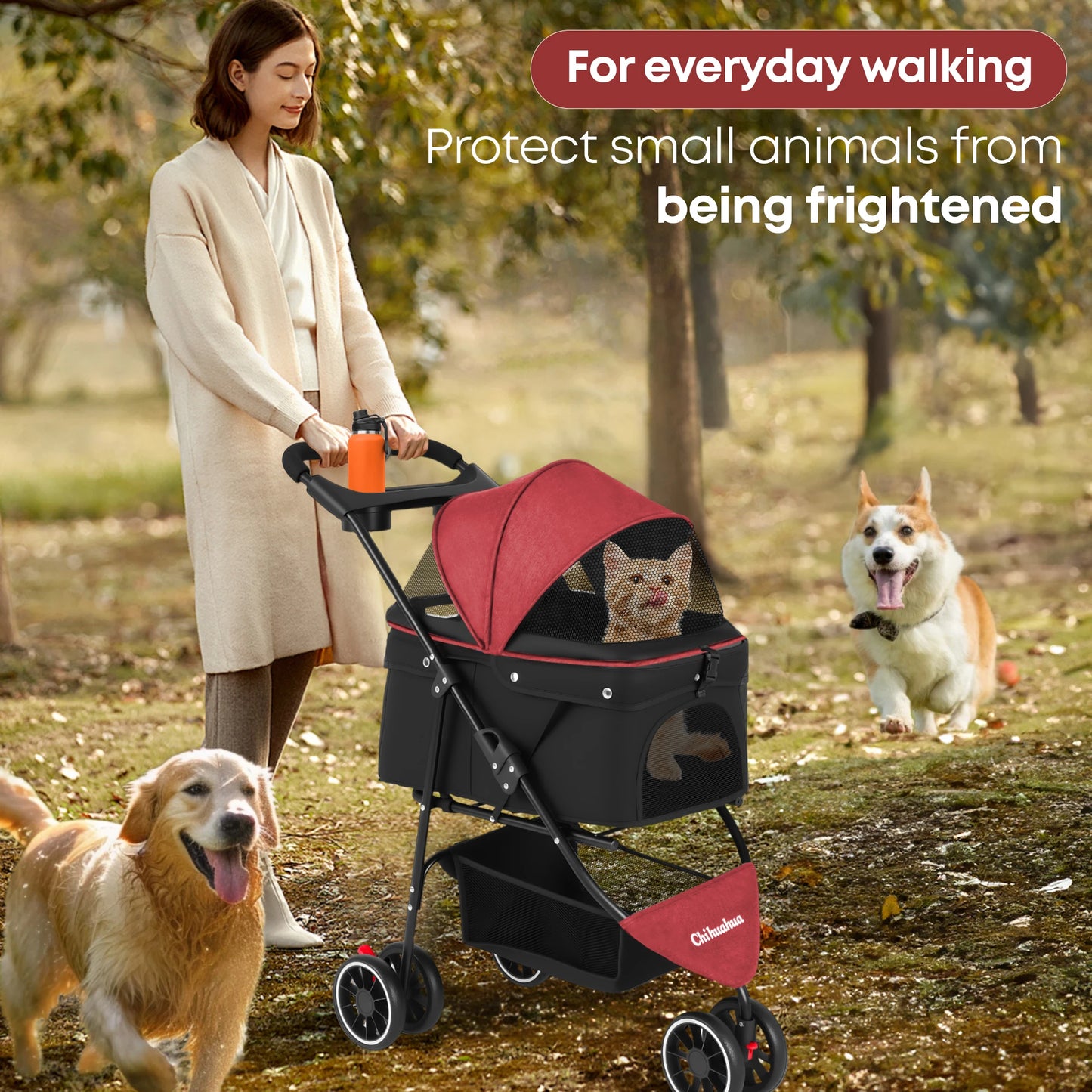 Pet Stroller For Small Medium Dogs 3 Wheels Foldable with Breathable Mesh Canopy Pet Travel Carrier Suitable Outdoor Travel