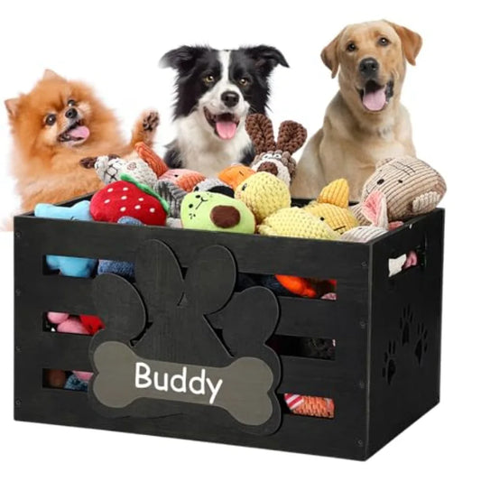 Dog Toy Basket Wood Dog Toy Bin Storage Baskets Box with Handles and Label Position Design Large Organizer with Caulk Board Personalization
