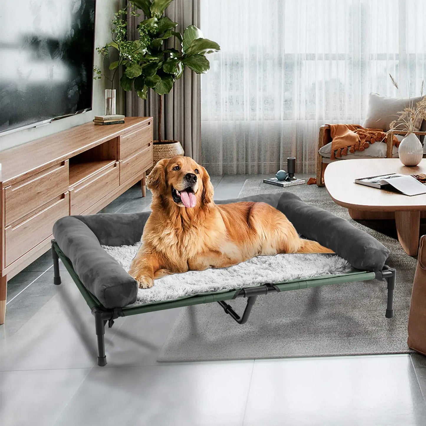 Dog Bed for Dogs Indoor Outdoor Elevated Pet Lounger Bed with Detachable Plush Bolster Cooling  Summer L XL 2XL