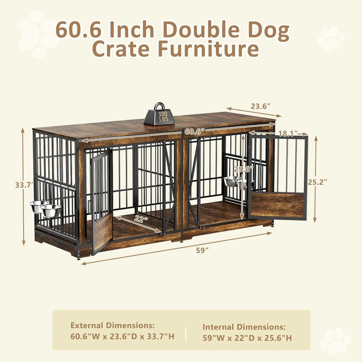 61'' Double Dog Cage Furniture for 2 Dogs, TV Stand Dog Kennel with Adjustable Divider, Heavy Duty Double Dog Crate
