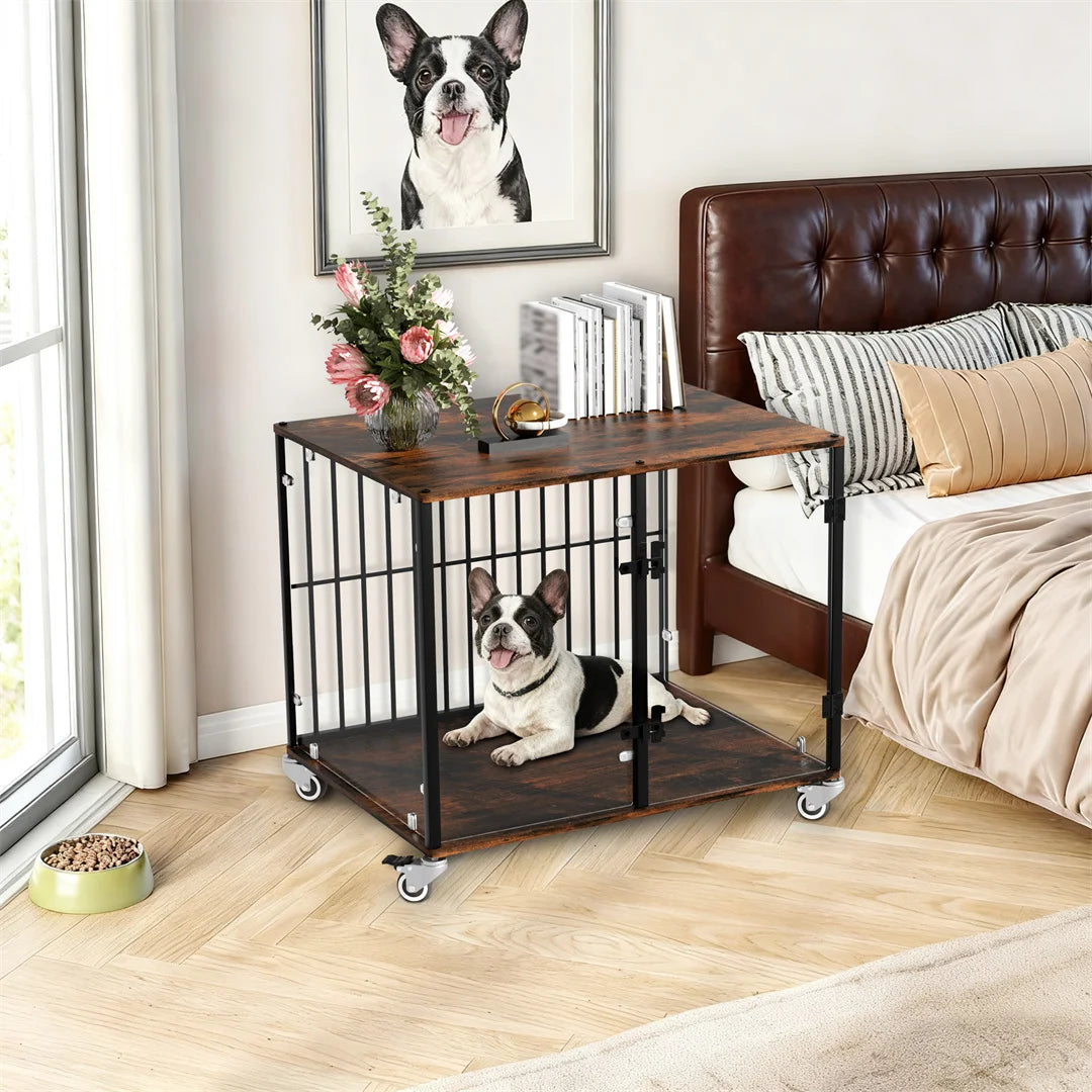 BINGOPAW Indoor Dog Cage: Furniture Style Tempered Glass Dog Pet Cage Dog Kennel End Table Crate with Smooth Rolling Wheels