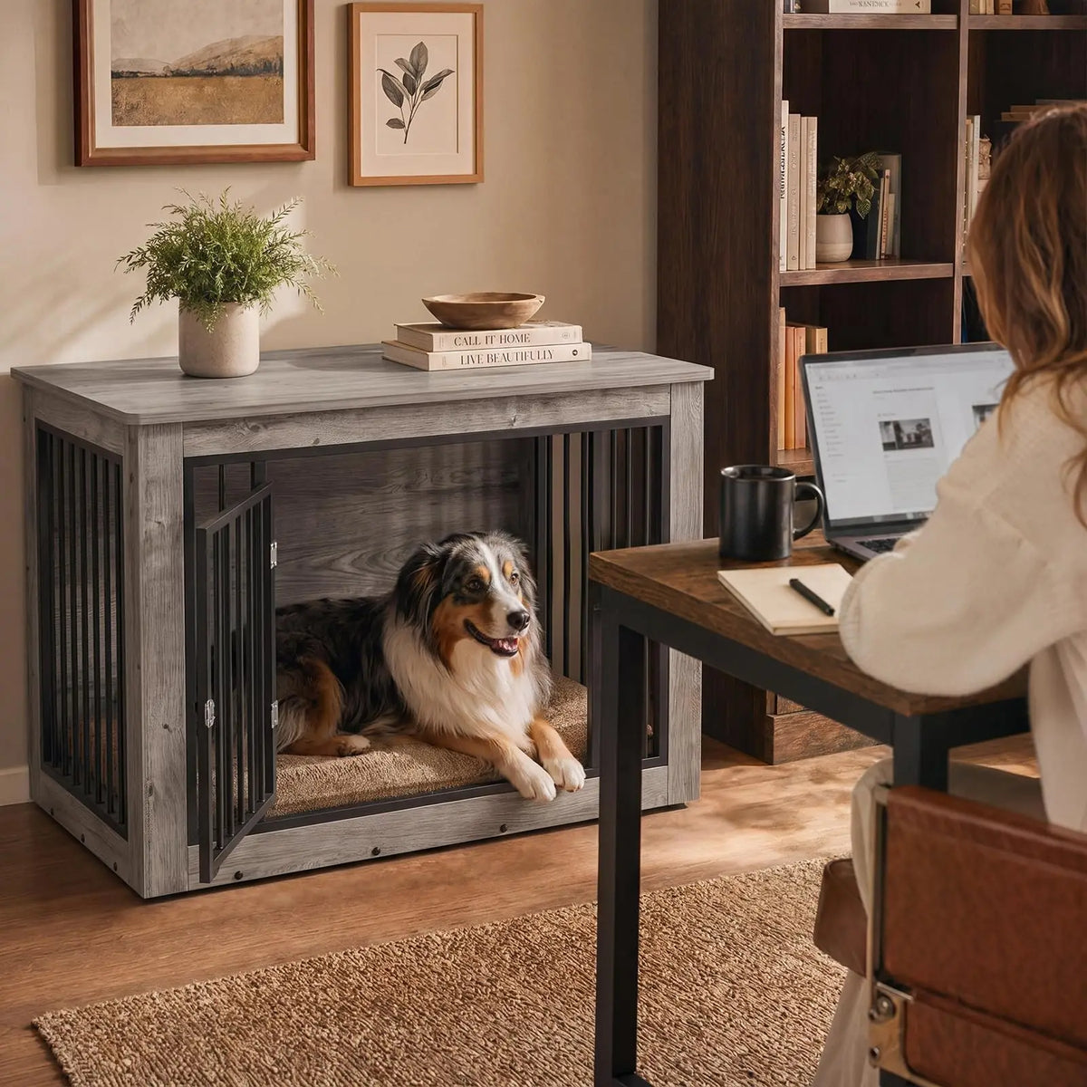 Furniture Style Dog Crate End Table Wooden Kennel For Dogs Brown 38.2 X 24 X 26.8 Inch Chew Resistant Build 2 Doors With Safety Latch Adjustable Legs Good Ventilation Fits Small to Medium Dogs Up  to 75 Lbs