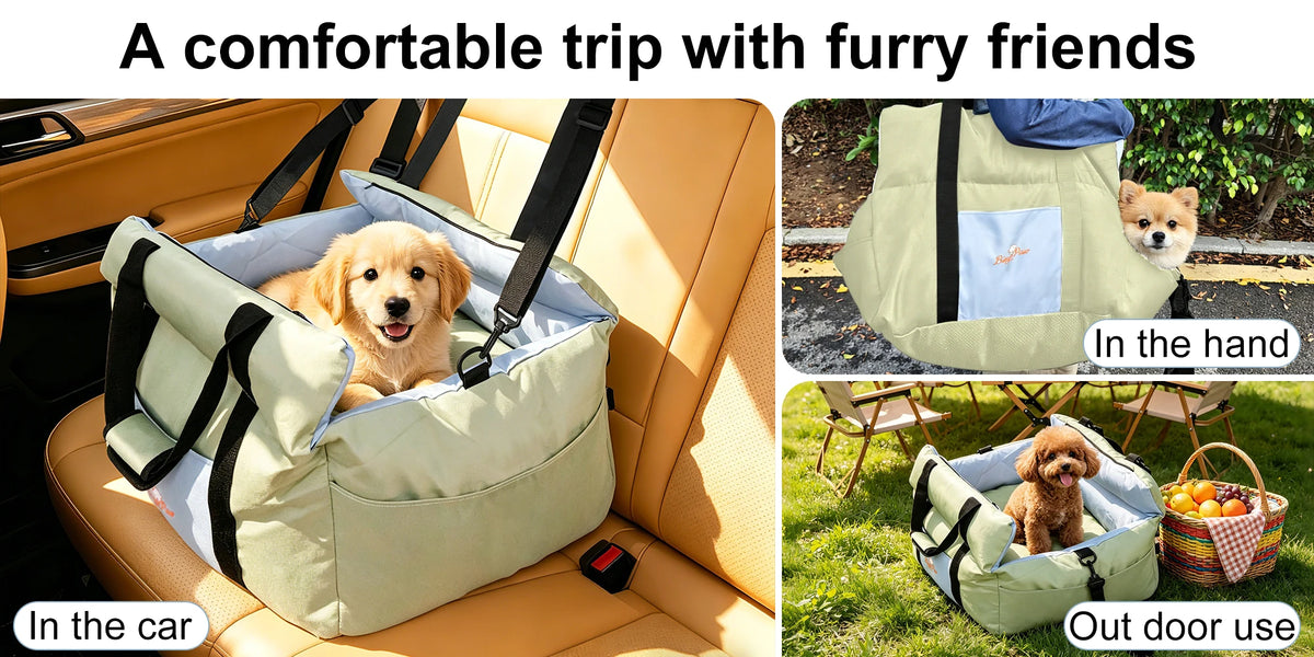 Portable Dog Car Seat Pet Dog Booster Seat Puppy Travel Carrier Bed with Safety Belt Storage Pocket Removable Washable Cover