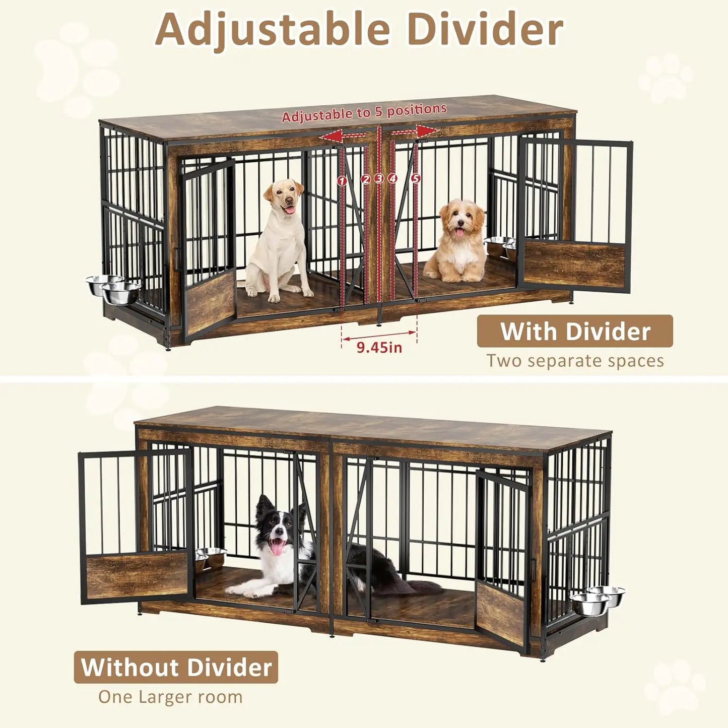 61'' Double Dog Cage Furniture for 2 Dogs, TV Stand Dog Kennel with Adjustable Divider, Heavy Duty Double Dog Crate