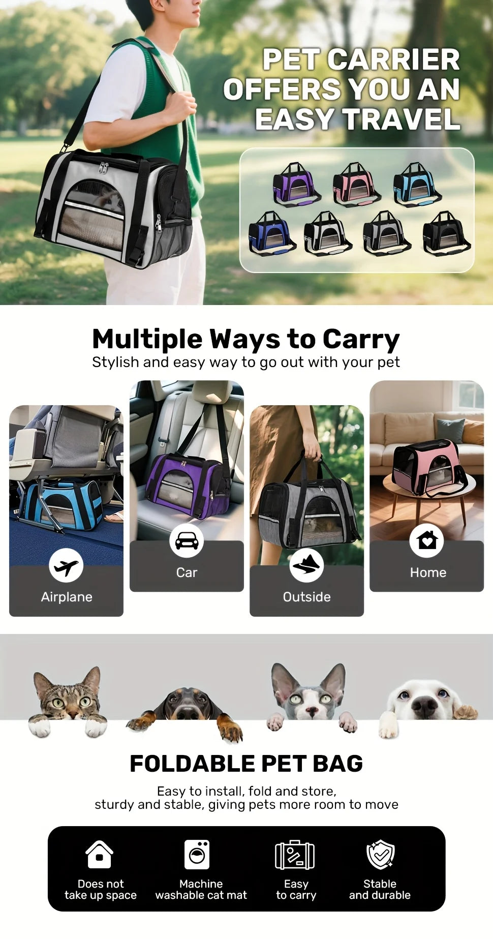 Carriers for Small Dogs and Cats, Secure Zipper Anti-Escape Pet Carrier Backpack | Spacious Ventilated Foldable Cat/Dog Travel Bag | Car & Airline Approved Collapsible Cage with Breathable Design