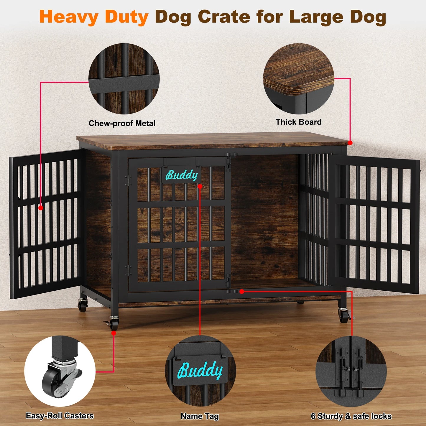 Dog Crate Furniture with Casters, Heavy Duty Dog Kennel Indoor for Small to Large Dogs, Decorate House as TV Stand, Bedside Table