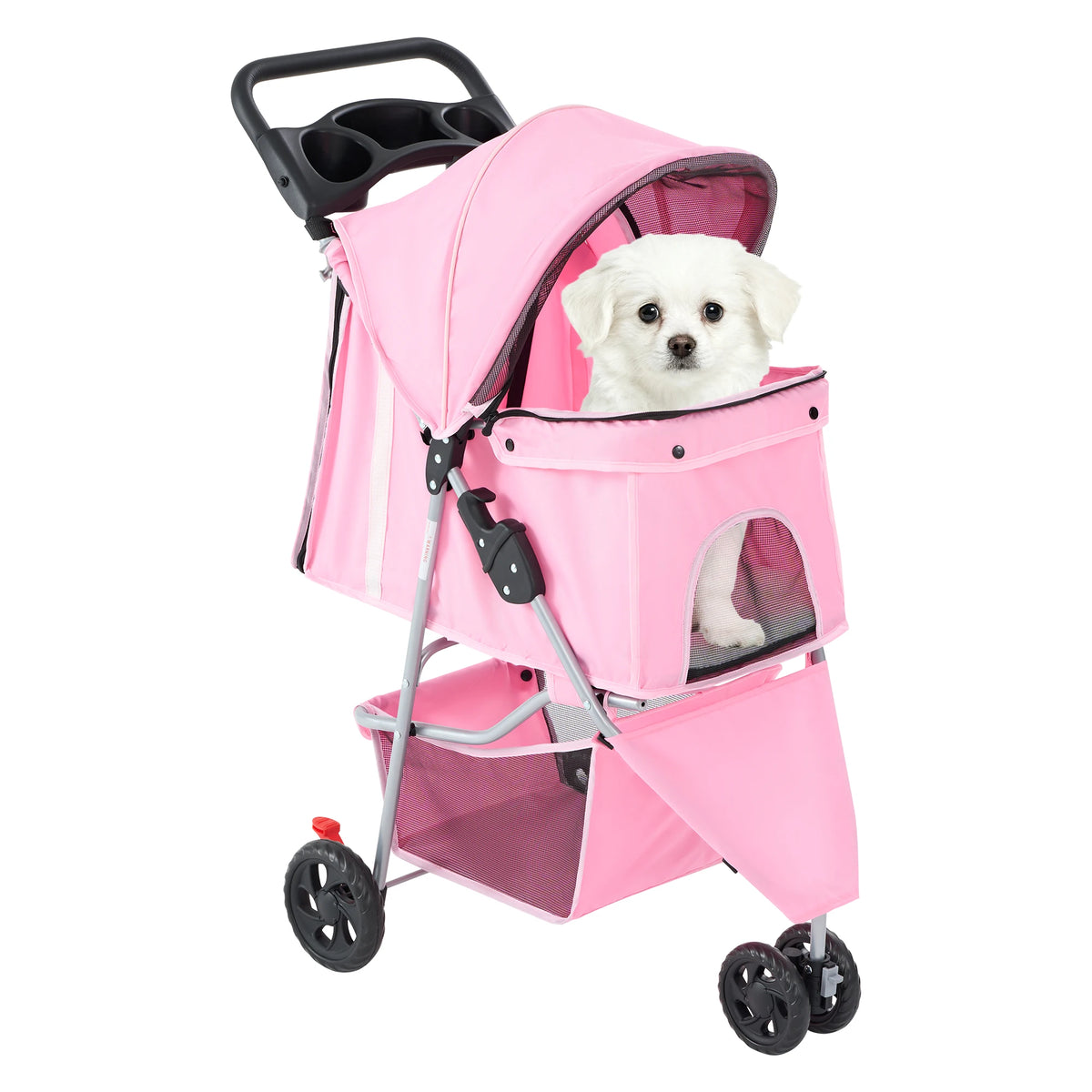 Foldable 3 Wheels Pet Stroller for Small Dogs, Stroller with Mesh Windows Storage Basket Cup Holder for Outdoor Use