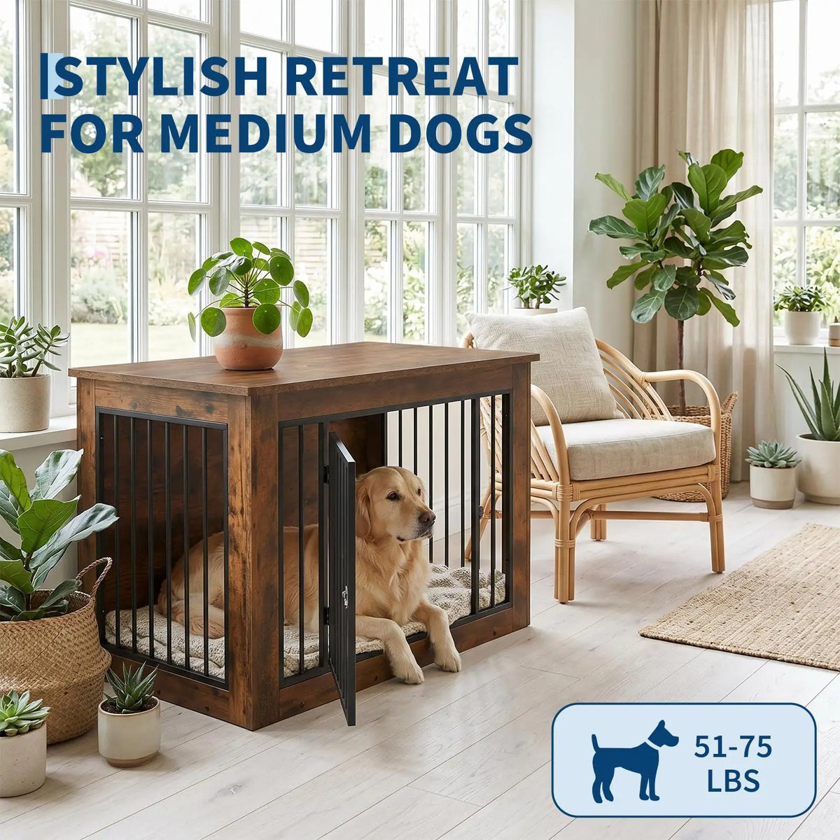Furniture Style Dog Crate End Table Wooden Kennel For Dogs Brown 38.2 X 24 X 26.8 Inch Chew Resistant Build 2 Doors With Safety Latch Adjustable Legs Good Ventilation Fits Small to Medium Dogs Up  to 75 Lbs