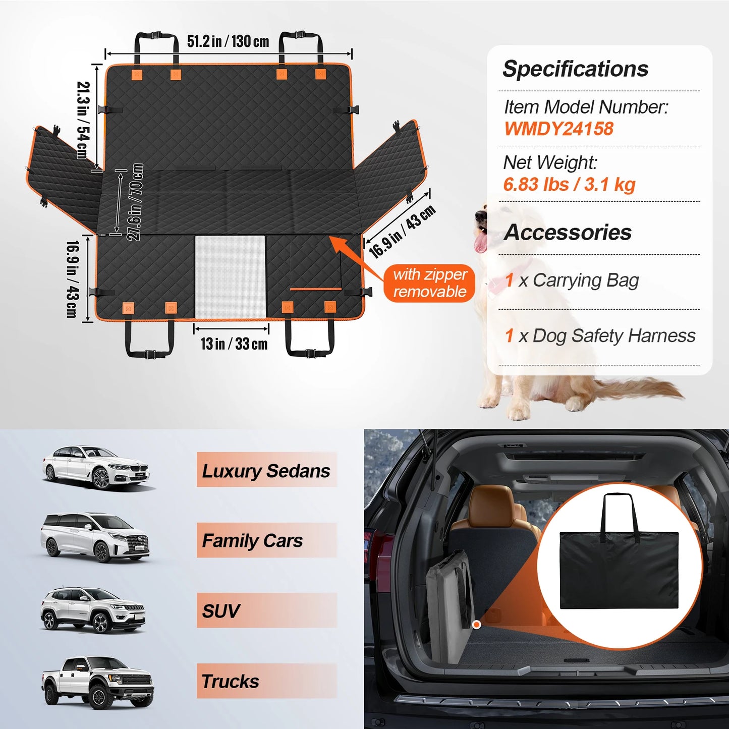 Back Seat Extender Dog Car Seat Cover for Back Seat Bed with Mesh Window and Storage Pocket Supports 350lbs Dog Hammock