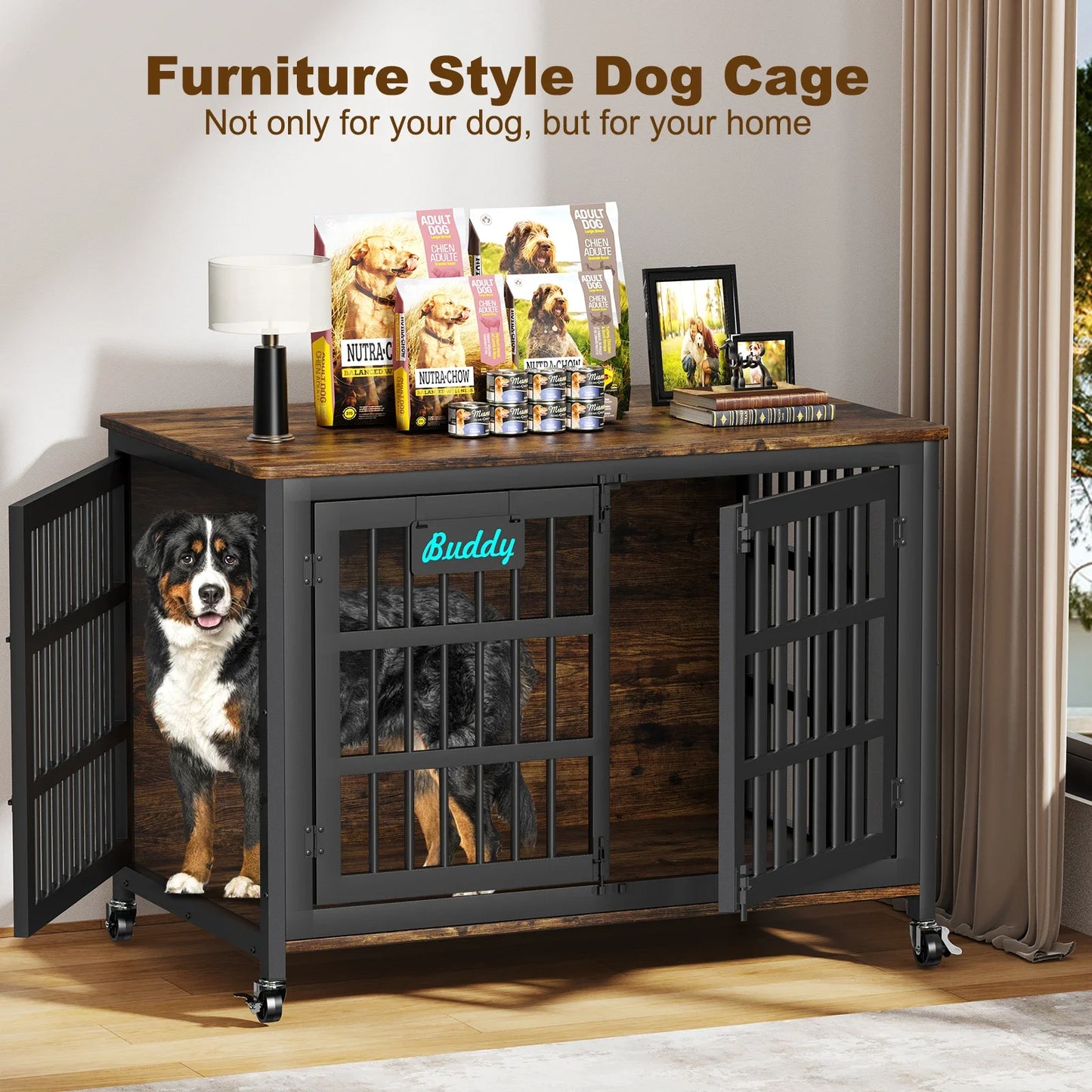 Dog Crate Furniture with Casters, Heavy Duty Dog Kennel Indoor for Small to Large Dogs, Decorate House as TV Stand, Bedside Table