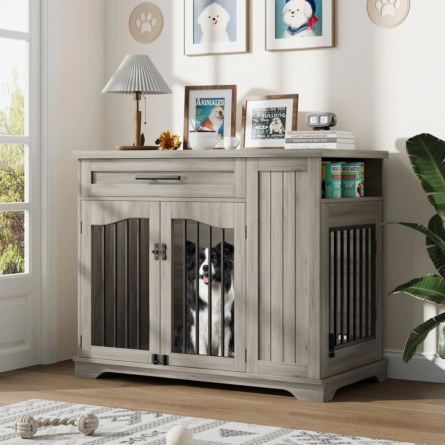 44 Inch Furniture Style Dog Crate Heavy Duty Wooden Dog Kennel With Drawer Side Storage & Built-in Feeding Station For Small to Large Dogs