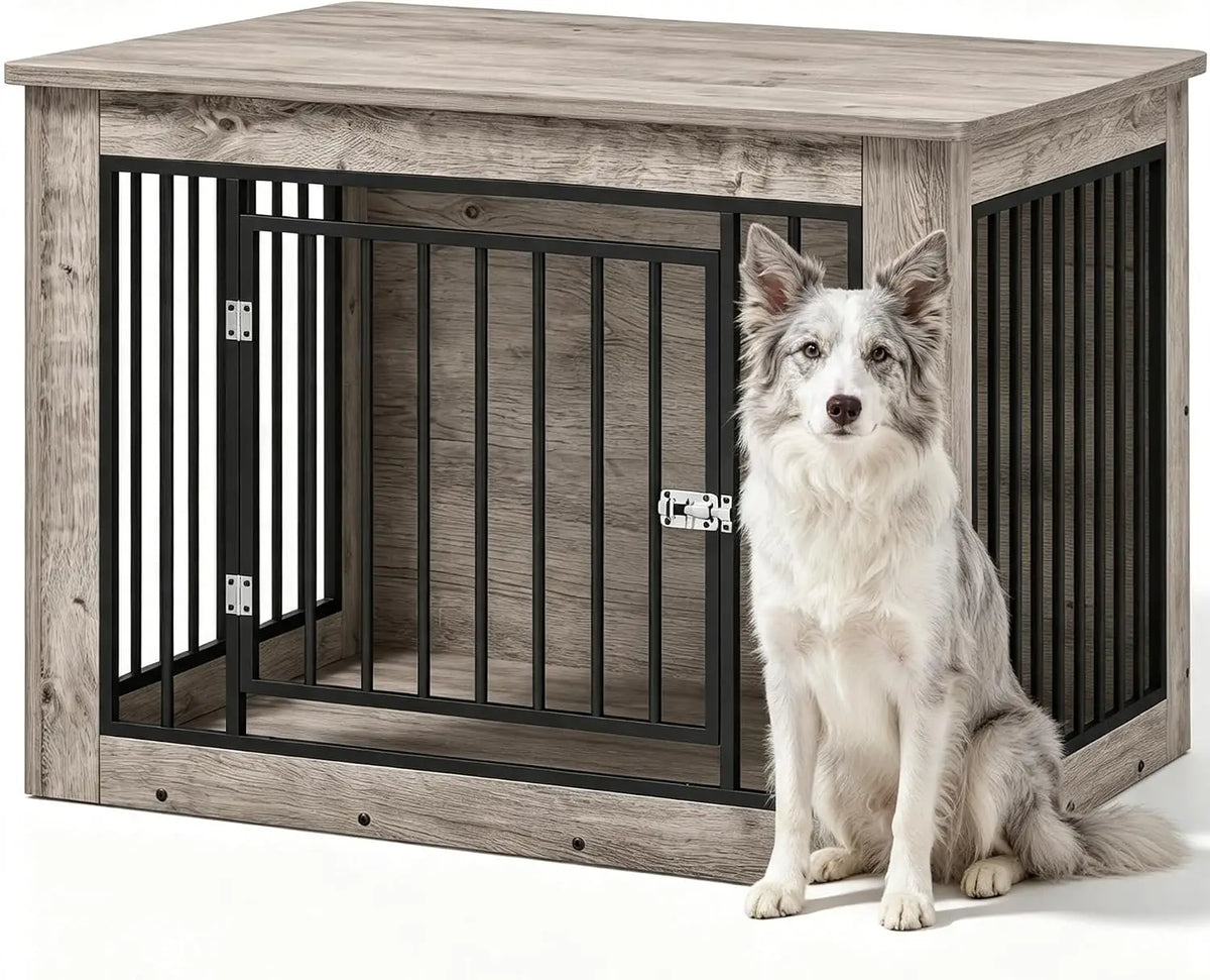 Furniture Style Dog Crate End Table Wooden Kennel For Dogs Brown 38.2 X 24 X 26.8 Inch Chew Resistant Build 2 Doors With Safety Latch Adjustable Legs Good Ventilation Fits Small to Medium Dogs Up  to 75 Lbs