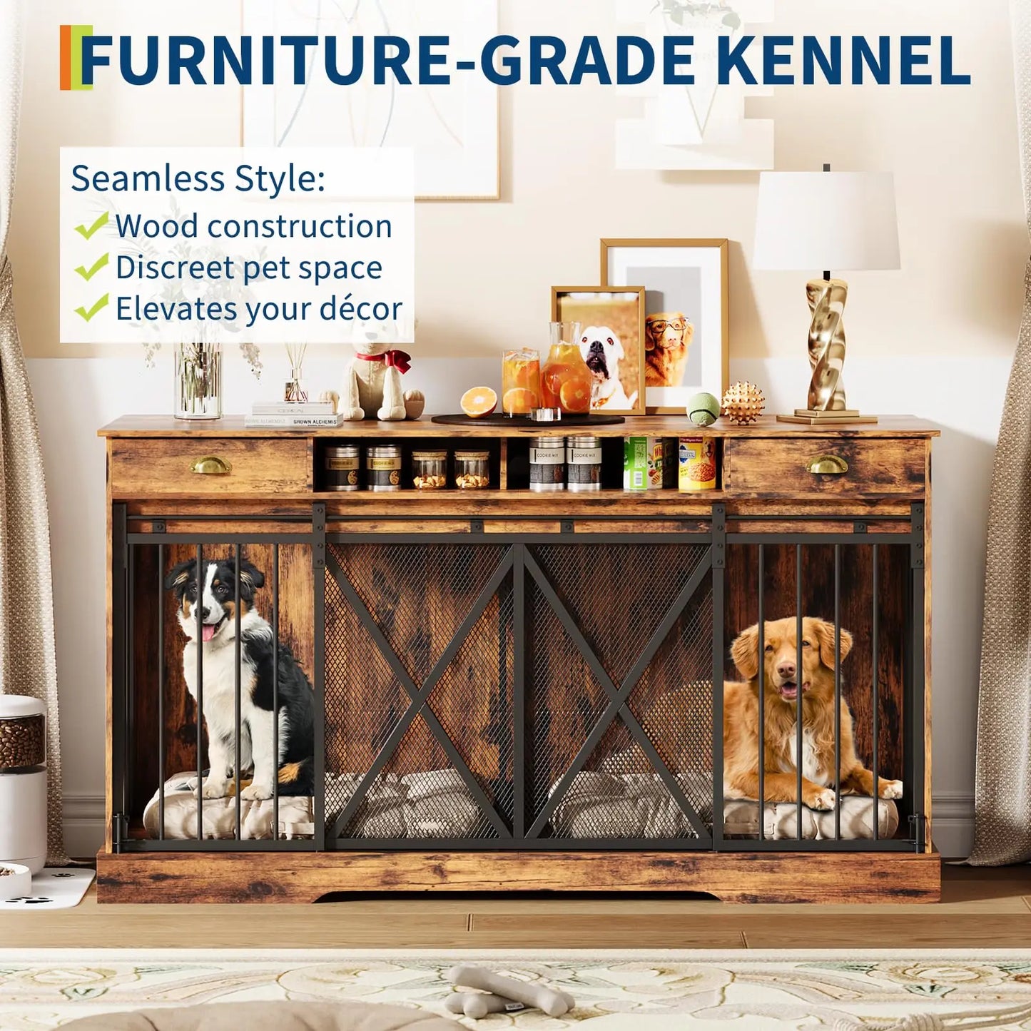 63" Extra Large Double Dog Crate Furniture TV Stand With Removable Divider Sliding Doors Wooden Pet Kennel Indoor Dog House