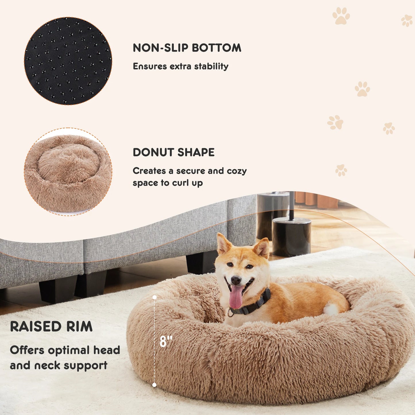 Calming Dog Bed for Small to Large Dogs Washable Pet Bed Anti-Slip Round Fluffy Plush Faux Fur Dog Bed