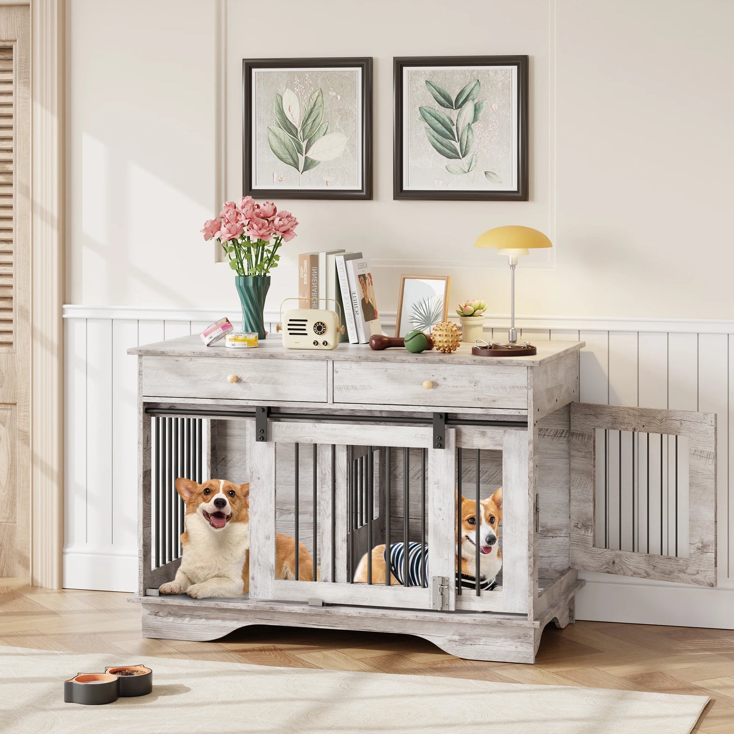Dog Furniture Crate, 47" Large Dog Crate Furniture with 2 Storage Drawers & Removable Divider for Large Medium Small Dogs