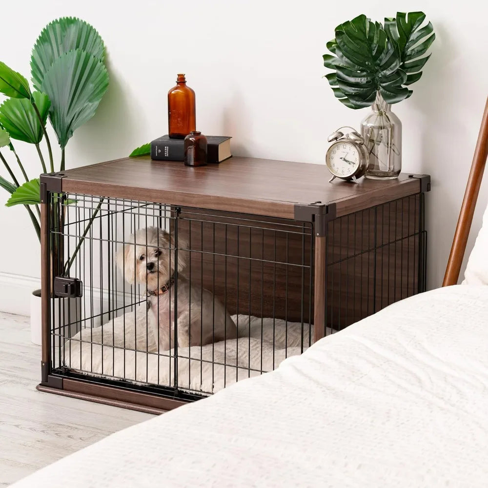 IRIS USA Modern Wooden Dog Crate – Stylish Furniture-Style Indoor Kennel & End Table for Small to Medium Dogs, Secure Enclosed P