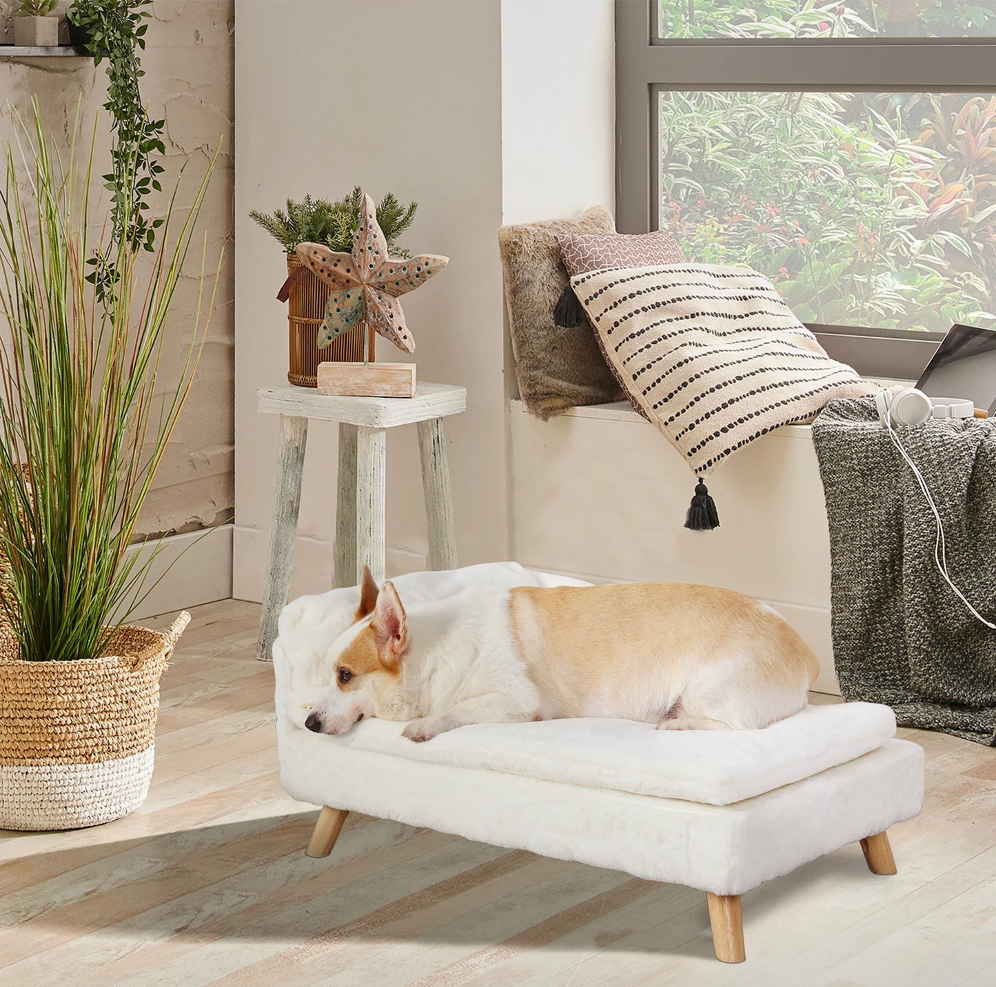Elevated Bed for Small Dogs, Nordic Pet Bed with Cozy Waterproof Pad, Pet Sofa Bed with Sturdy Wood Legs