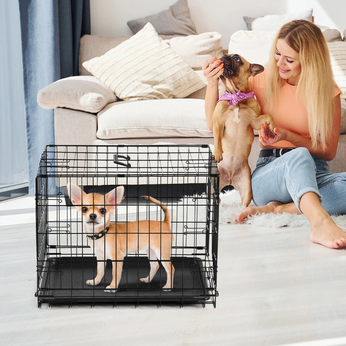 JHK Single Door 30 Inch Folding Metal Wire Dog Cage with Plastic Leak-Proof Pan Tray Small Dog Kennel for Indoor Outdoor