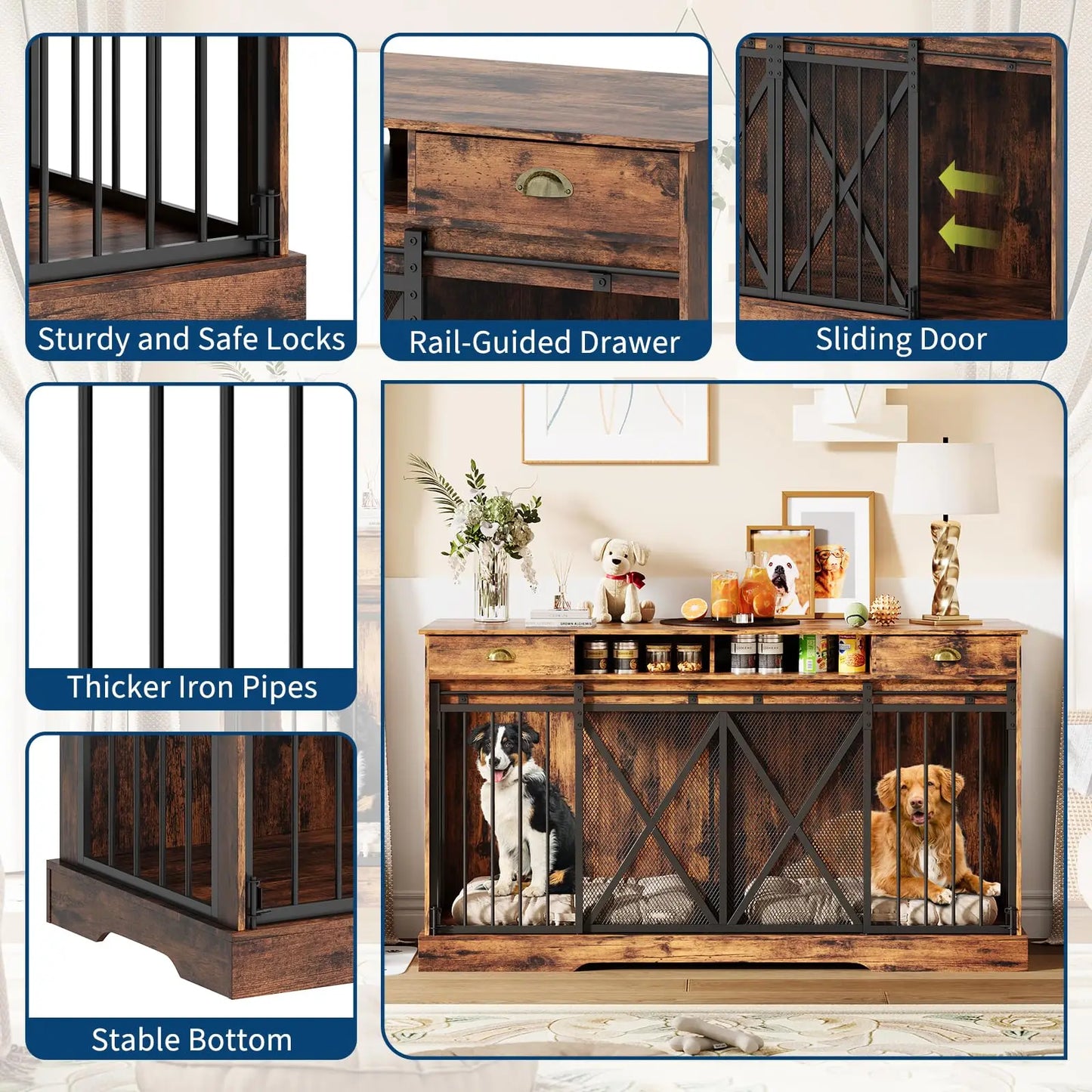 63" Extra Large Double Dog Crate Furniture TV Stand With Removable Divider Sliding Doors Wooden Pet Kennel Indoor Dog House