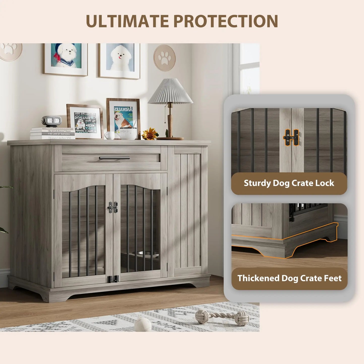 44 Inch Furniture Style Dog Crate Heavy Duty Wooden Dog Kennel With Drawer Side Storage & Built-in Feeding Station For Small to Medium Sized Pets