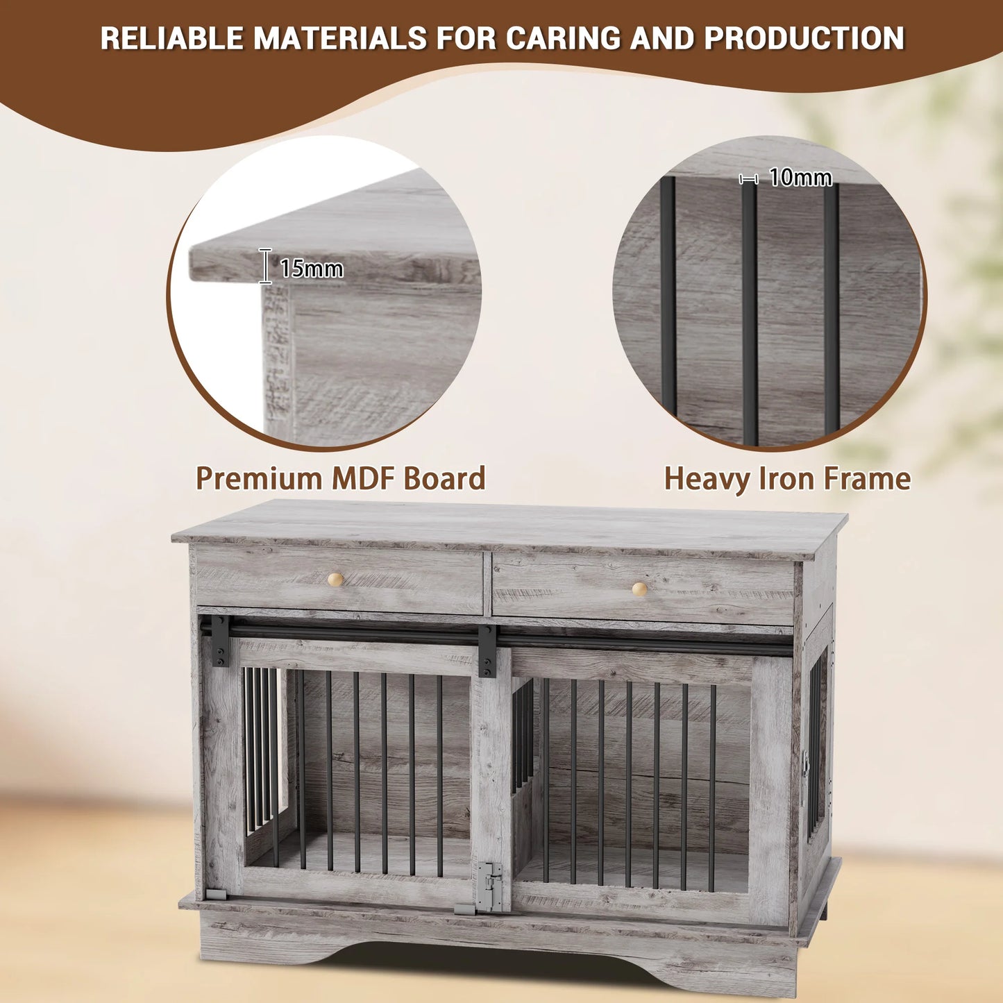 Dog Furniture Crate, 47" Large Dog Crate Furniture with 2 Storage Drawers & Removable Divider for Large Medium Small Dogs
