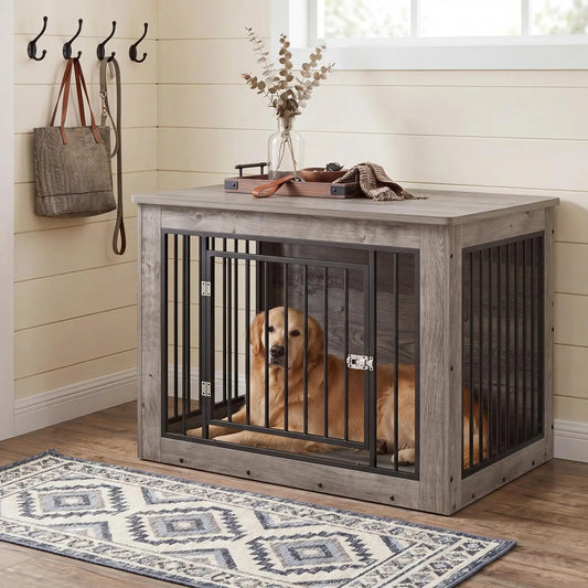 Furniture Style Dog Crate End Table Wooden Kennel For Dogs Brown 38.2 X 24 X 26.8 Inch Chew Resistant Build 2 Doors With Safety Latch Adjustable Legs Good Ventilation Fits Small to Medium Dogs Up  to 75 Lbs