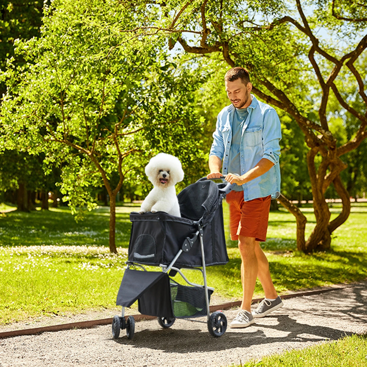 Foldable 3 Wheels Pet Stroller for Small Dogs, Stroller with Mesh Windows Storage Basket Cup Holder for Outdoor Use