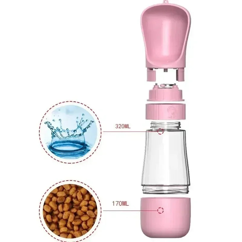 Portable Dog Water Bottle 320ML With Food Container Travel 2 in 1 Pet Water Dispenser For Small, Medium, and Large Dogs Drinking Bowls