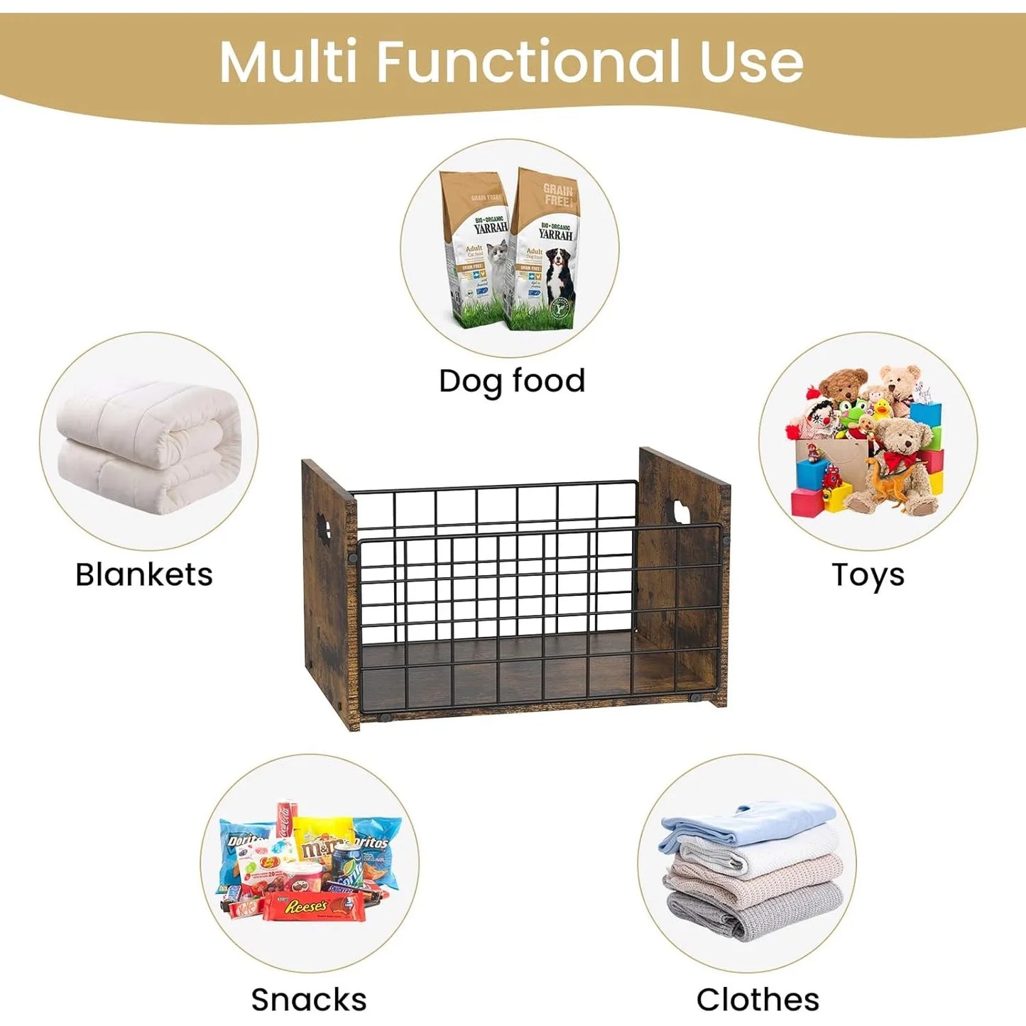 Metal Dog Toy Basket Organizer Wooden Pet Storage Box for Puppy/Small Dogs Multi-Purpose Chest for small dog toys
