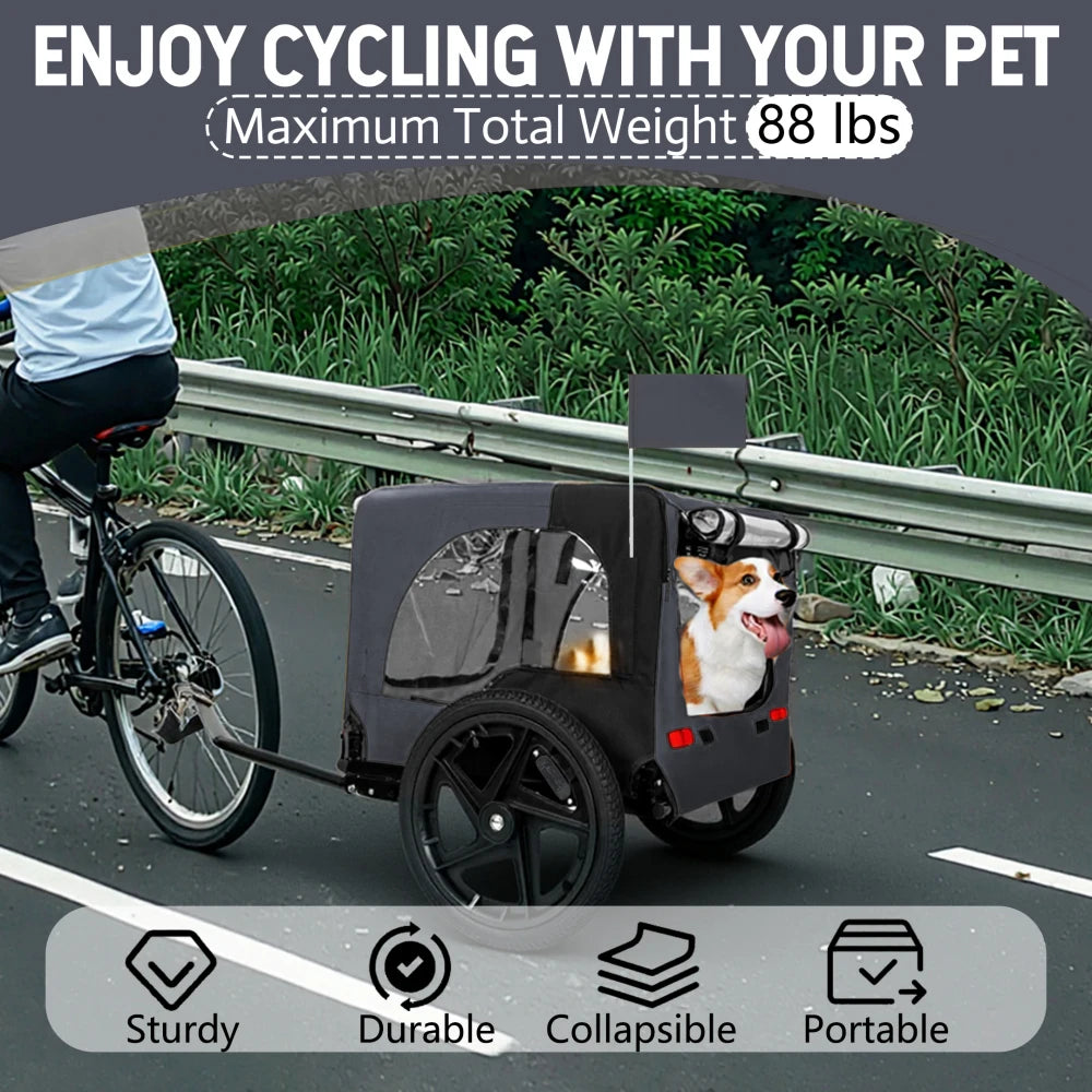 Outdoor Heavy Duty Collapsible Pet Bike Trailer with 16-Inch All-Terrain Wheels & Universal Hitch - Foldable Dog/Cargo Carrier Cart for Bicycles, Black + Dark Gray