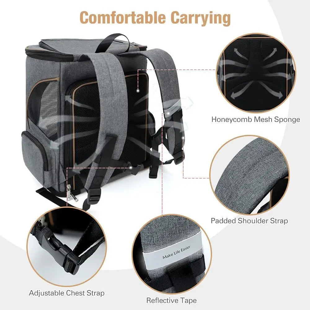 Expandable Pet Backpack Carrier for Small Dogs, Airline-Approved with Safety Leash, Grey
