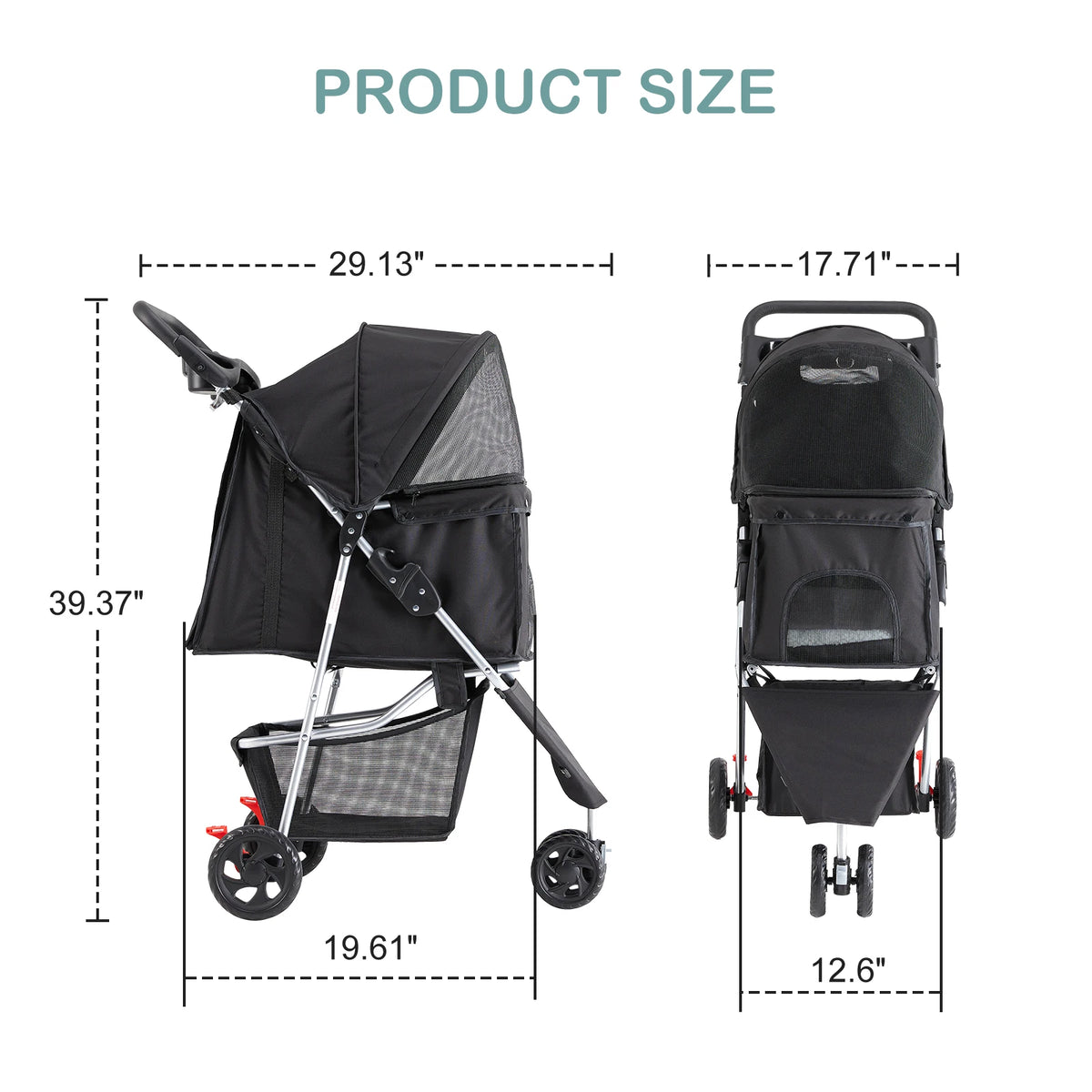 Foldable 3 Wheels Pet Stroller for Small Dogs, Stroller with Mesh Windows Storage Basket Cup Holder for Outdoor Use